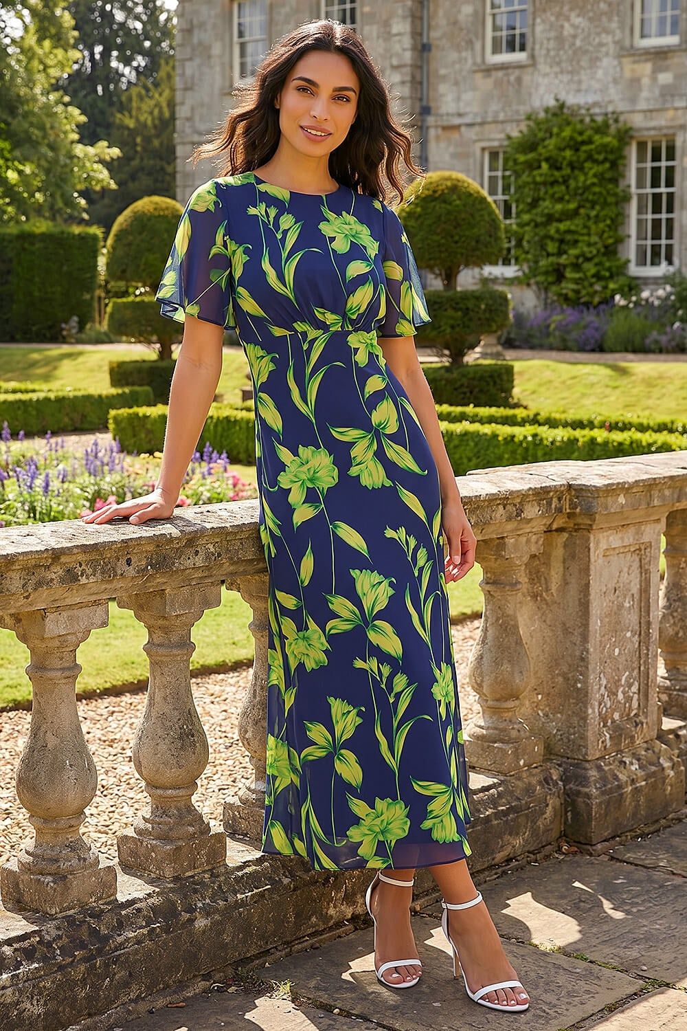 Roman Leaf Print Back Tie Midi Dress
