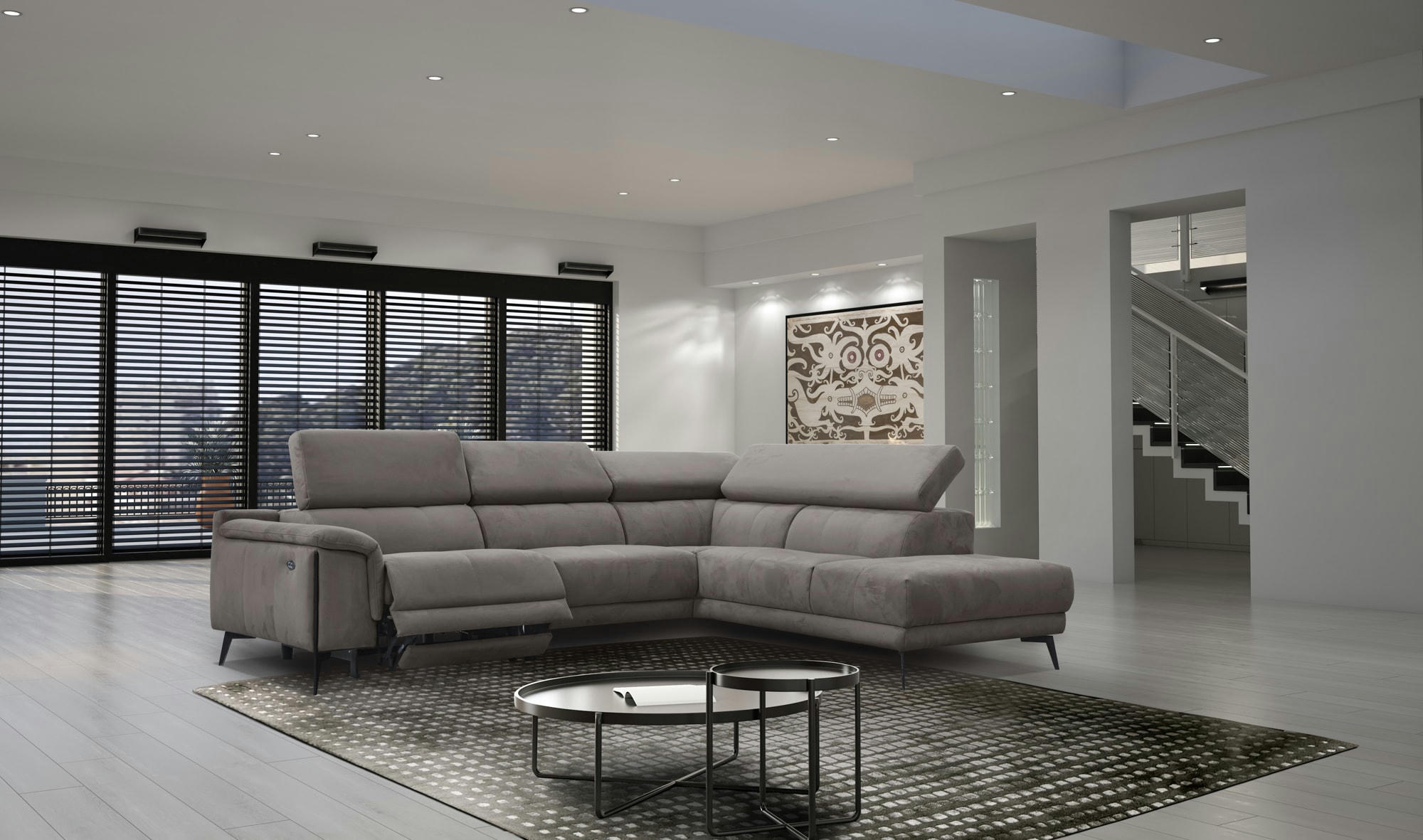 MATERA - Canapé d'angle droit 5 places avec une relax électrique, Tissu Brun