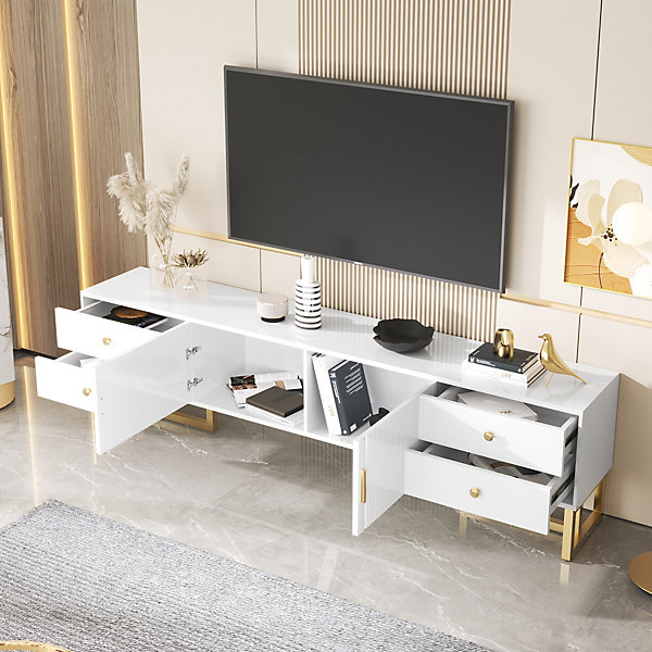 Meuble TV 175x30x46 cm en MDF blanc avec rangements (4 tiroirs, 2 portes) et poignées/pieds dorés, style moderne