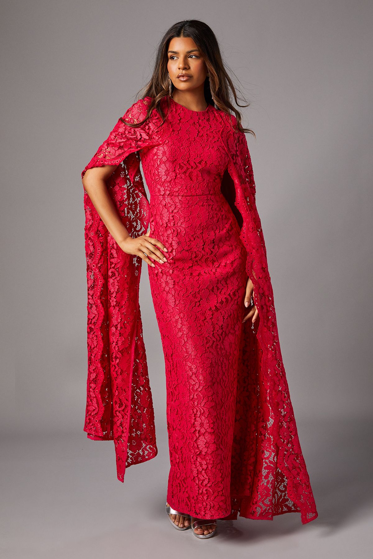 Coast Petite Lace Cape Gown
