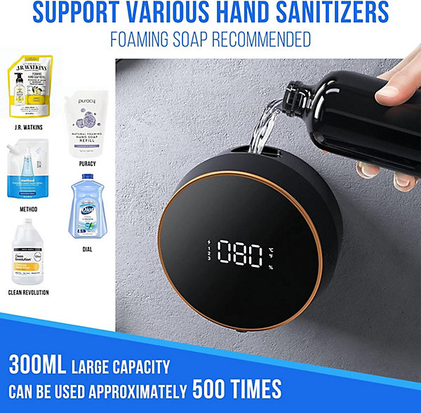 Distributeur de savon automatique noir, distributeur de savon mural réglable à 3 vitesses de 300 ml