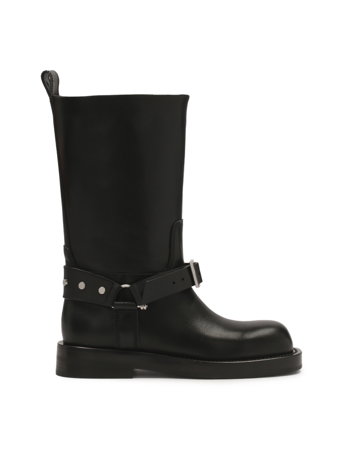 Leather biker boots with slip-on upper
