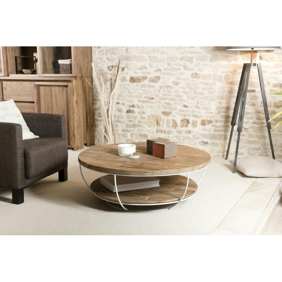 ALIDA - Table basse coque 2 plateaux en teck recyclé métal blanc D100