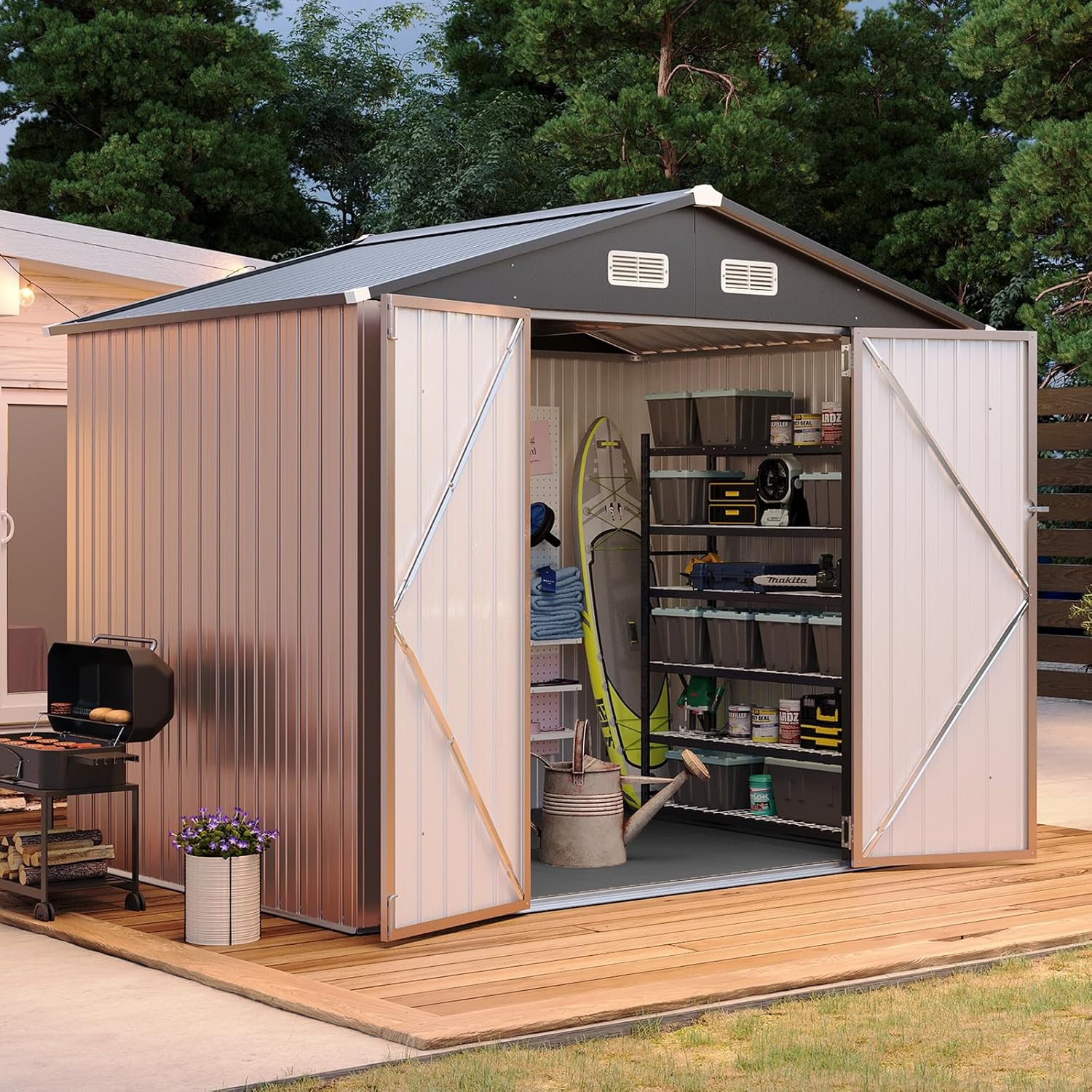 Aoxun 8x6FT Shed with Floor Galvanized Steel Outdoor Storage Shed Metal Garden Shed with Double Doors  Moisture-Proof Floor & Ventilation  Sloped Roof for Bike/Generator/Tool Storage (Brown)