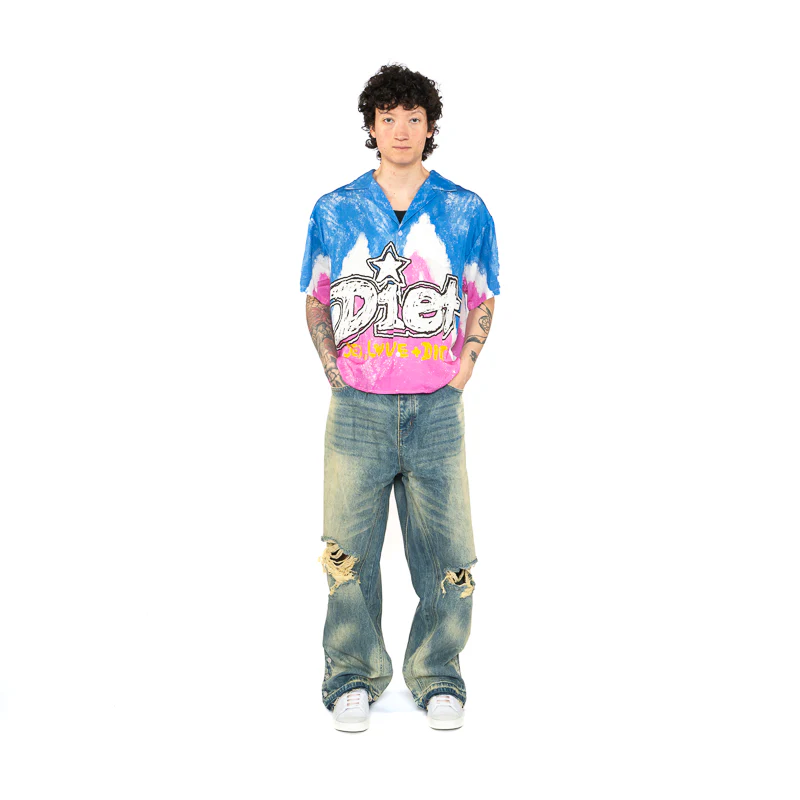 Diet Starts Monday Knievel Button Up Shirt - Blue/Pink