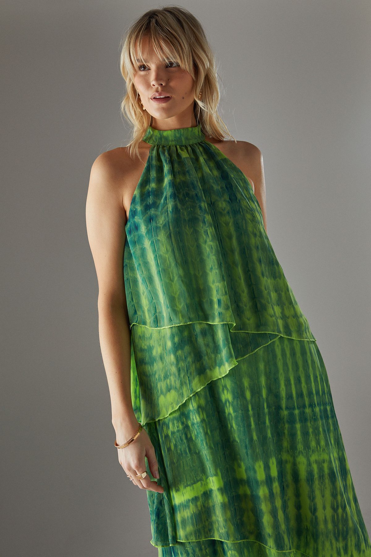 Warehouse Chiffon Halter Ruffle Layer Maxi Dress