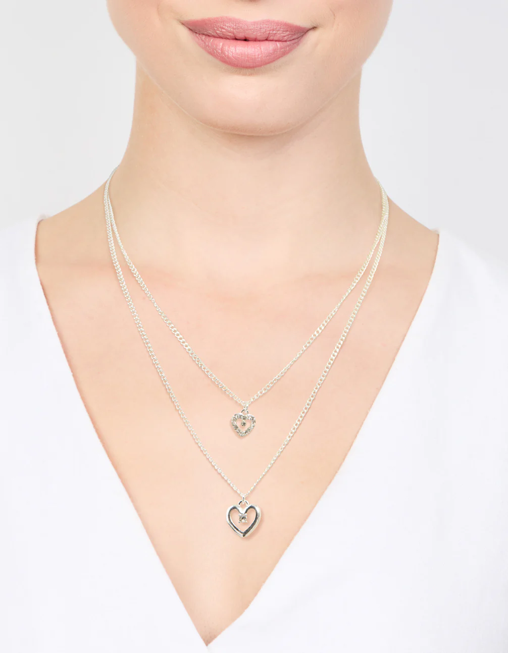 Silver Double Chain Heart Diamante Necklace