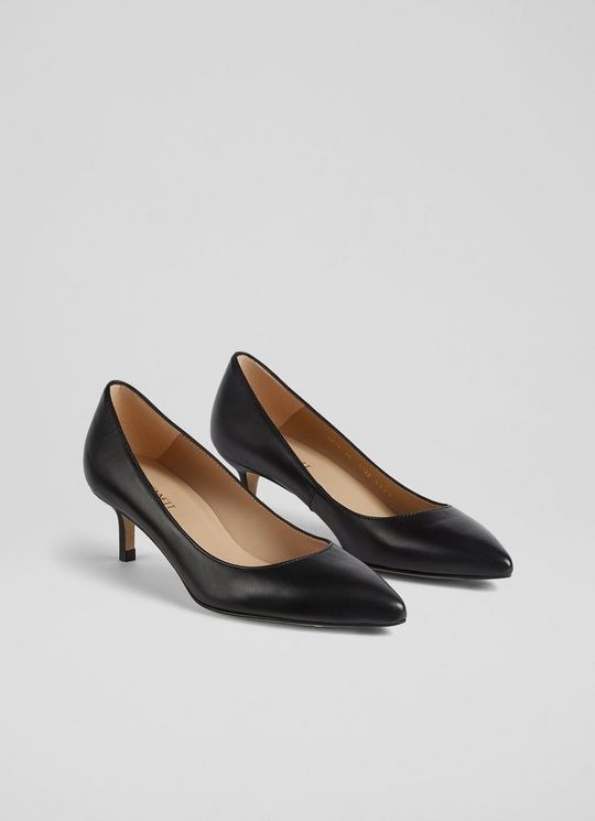 Classic Audrey Black Leather Kitten Heel Courts
