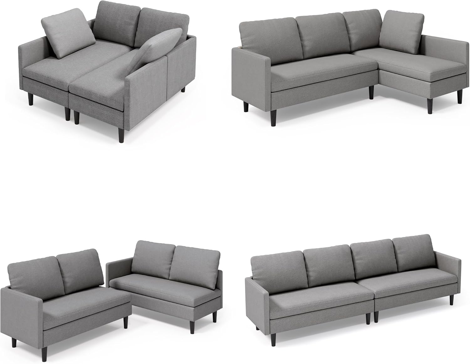 Gizoon Convertible Sectional Sofa, Convertible to L-Shaped Sofa, Linear and Sofa Bed, with Comfortable and Soft Fabric, Four Pillows, for Living Room, Apartment and Office, Light Gray