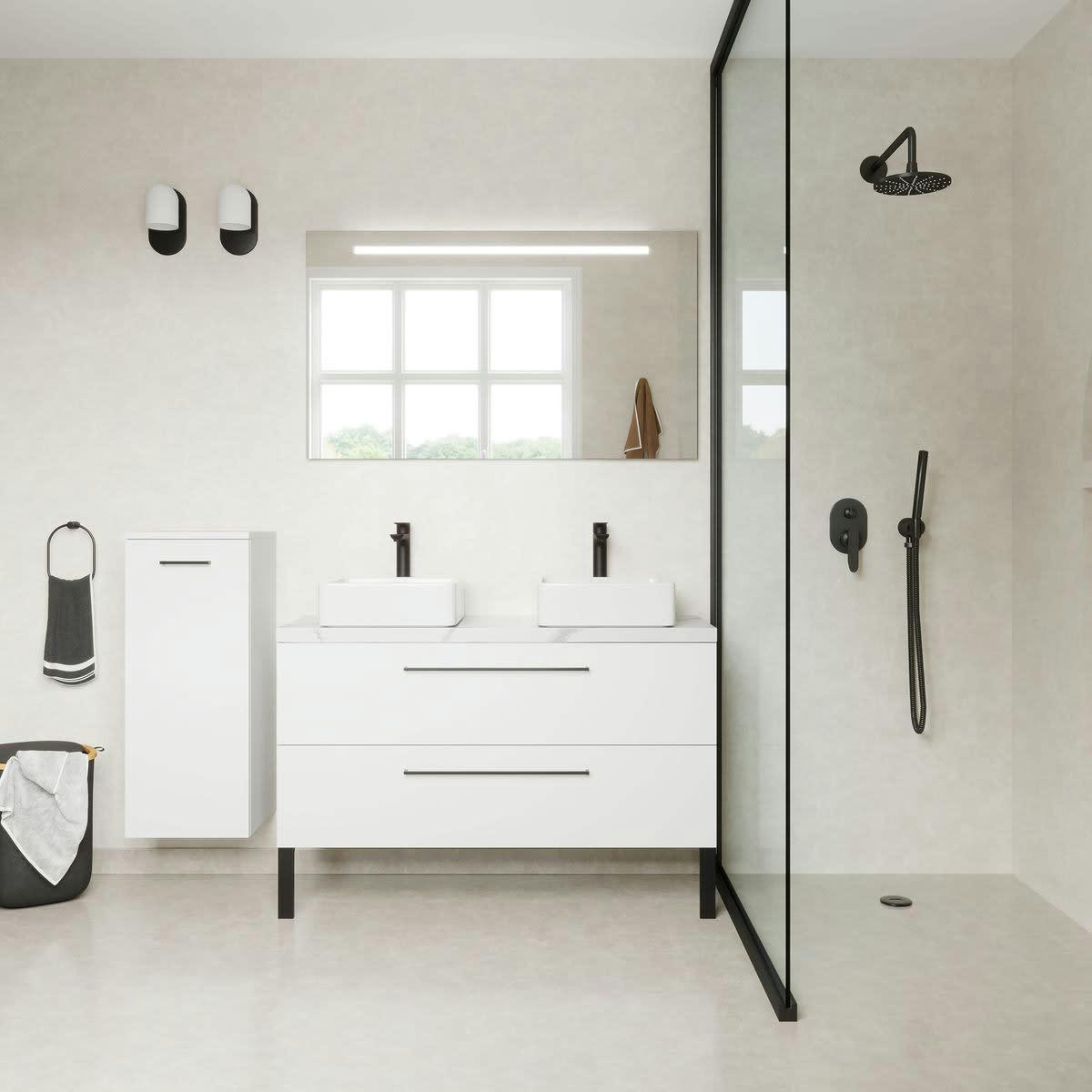 GLASGOW - Meuble salle de bain 2 vasques posées 120cm 2 tiroirs Blanc