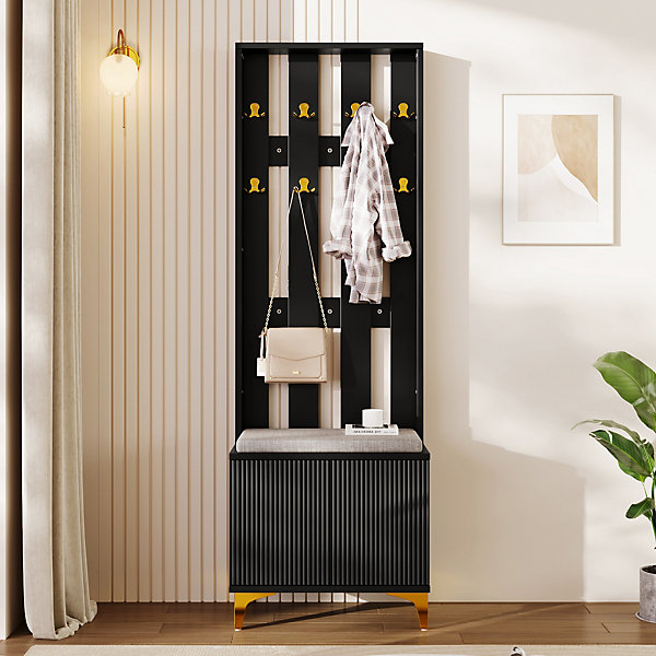 Meuble d'entrée 60,5x35,2x180,5 cm avec crochets dorés et banc, portes à motif ondulé noir et sans poignée