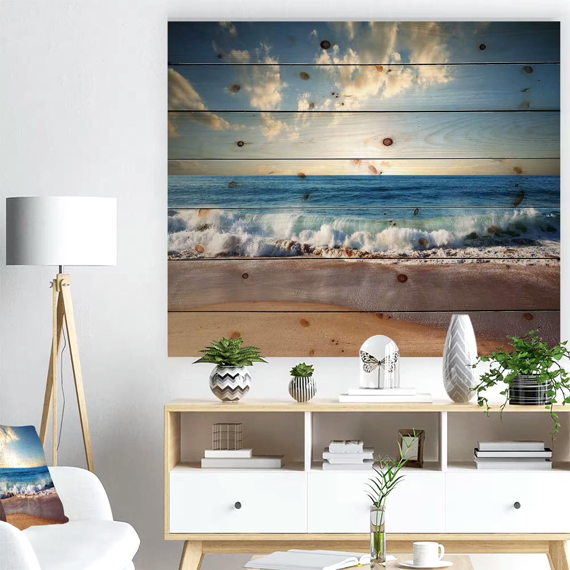 Designart 'Sea Sunset' Seascape Photography Print Canvas Wall Art on Natural Pine Wood, 40-in x 30-in