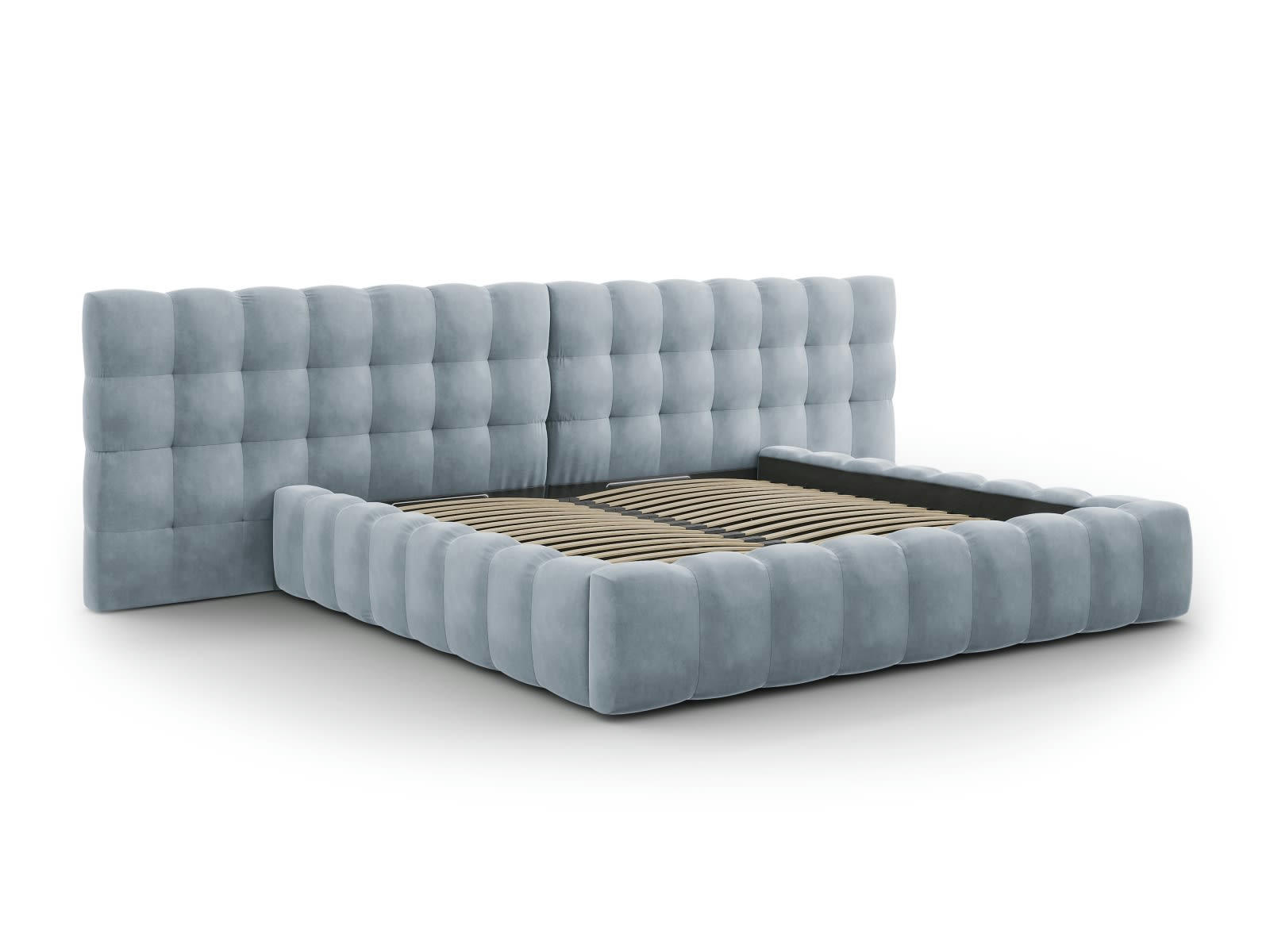 MAMAIA - Lit coffre en avec tête de lit double 200x200cm velours bleu clair