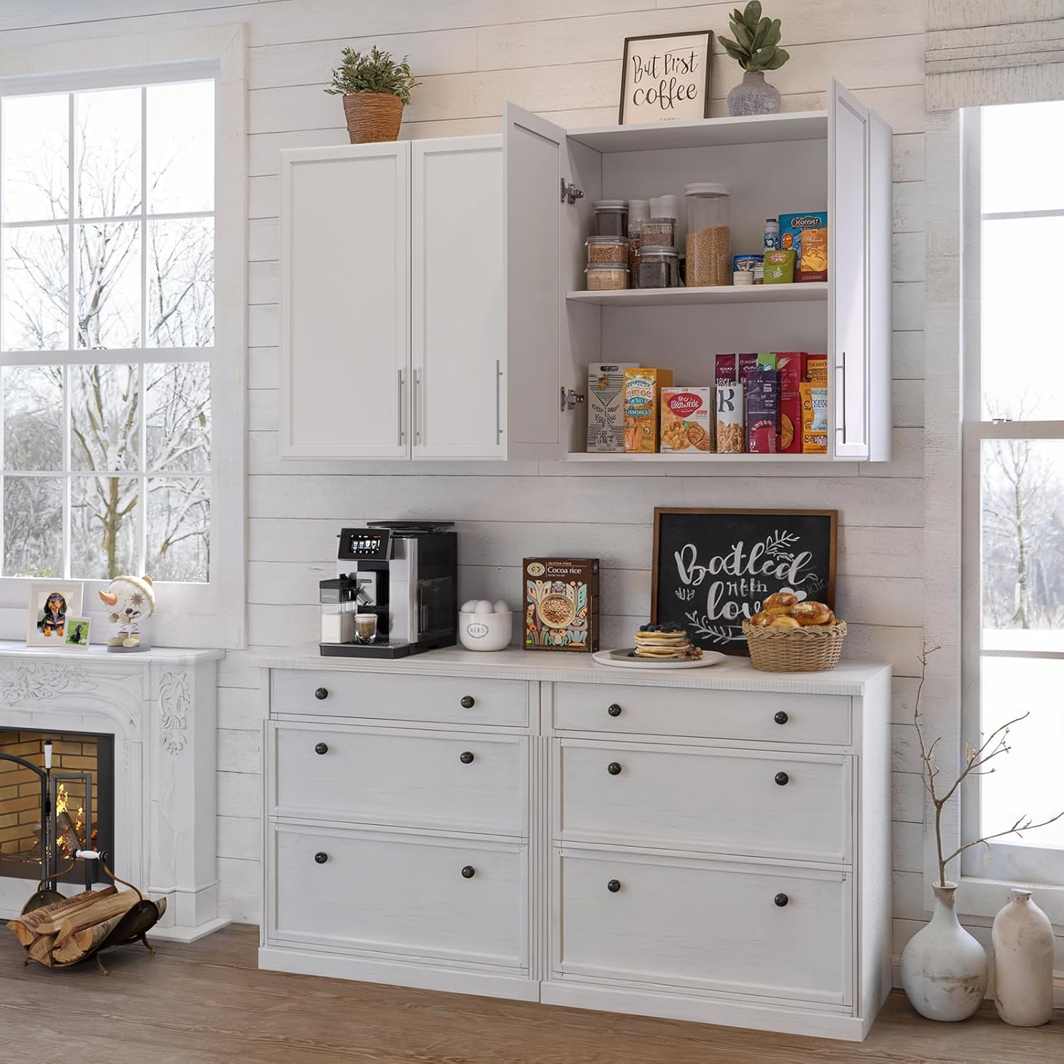 FIMELLO 60 Laundry Room Wall Cabinets with Adjustable Shelf, Large Wall Storage Cabinet, White Wall Cabinet with Doors, Upper Kitchen Cabinet, Cabinets for Laundry, Bathroom, Kitchen -White