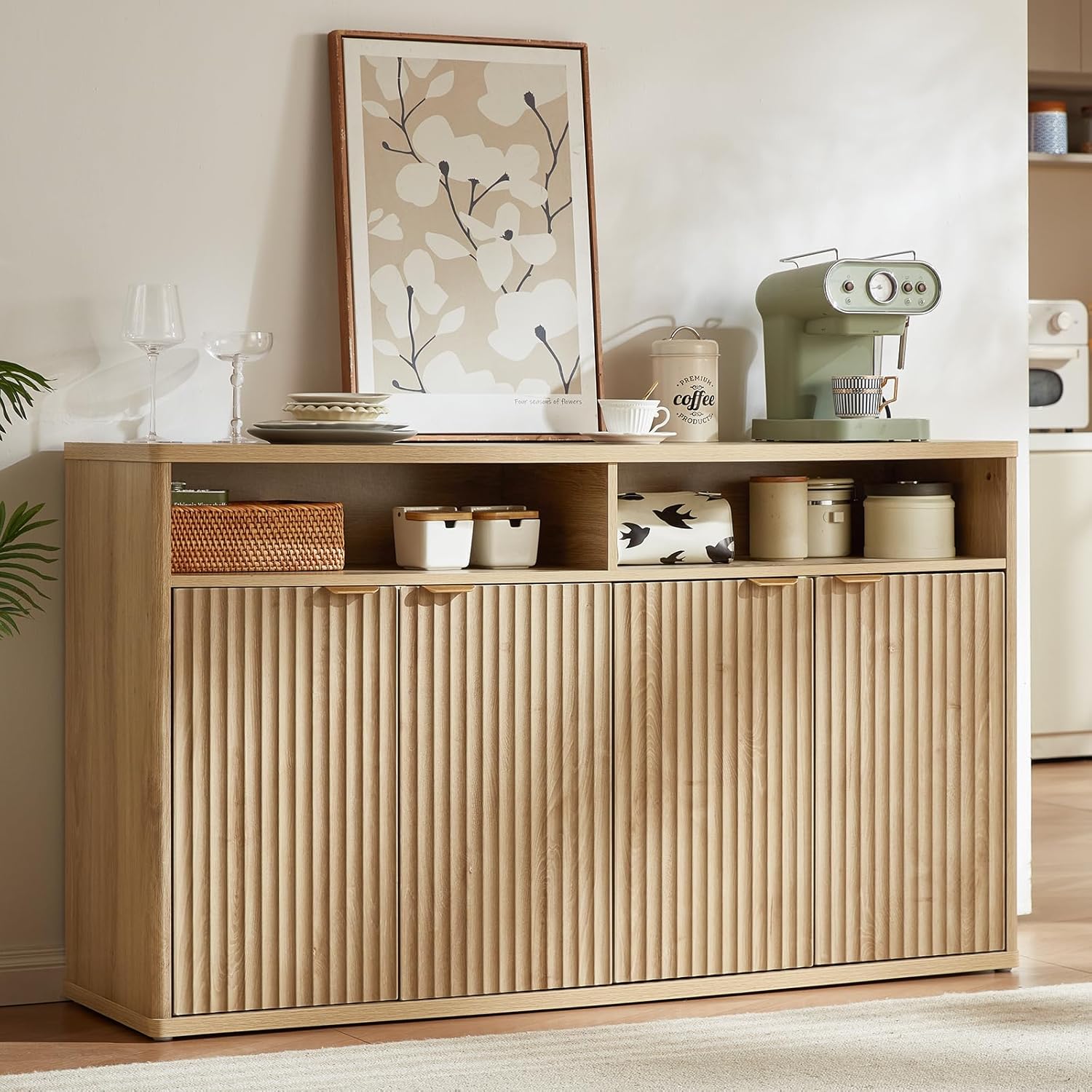 LEYAOYAO Fluted Buffet Cabinet with Storage, 55 Wide Wood Sideboard Credenza with 4 Doors & Open Storage Shelf, Kitchen Entryway Accent Table, Modern Console Cabinets for Dining Room, Natural Oak