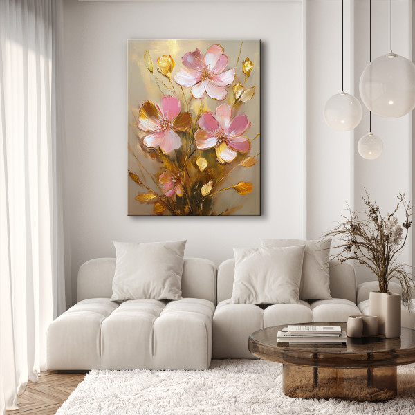 Feeby Obraz na płótnie, Różowe Kwiaty Złoty Glamour 40x60