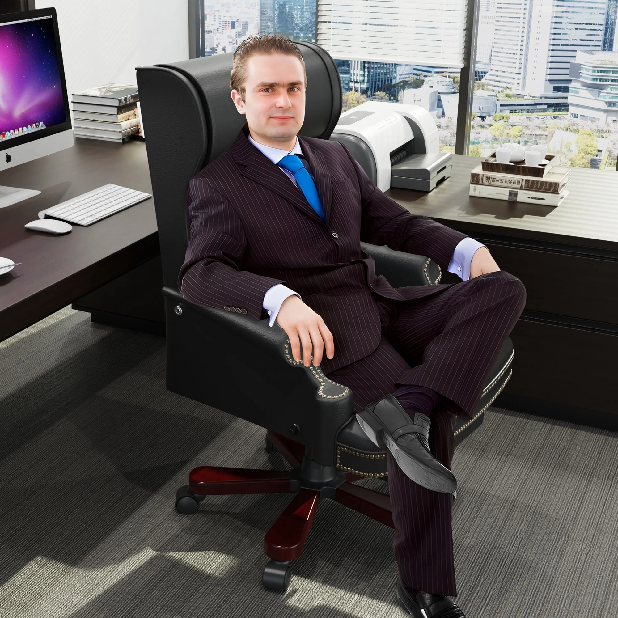 Black Ergonomic PU Leather Swivel Office Recliner with Footrest, Button-tufted Backrest, Nailhead Decoration