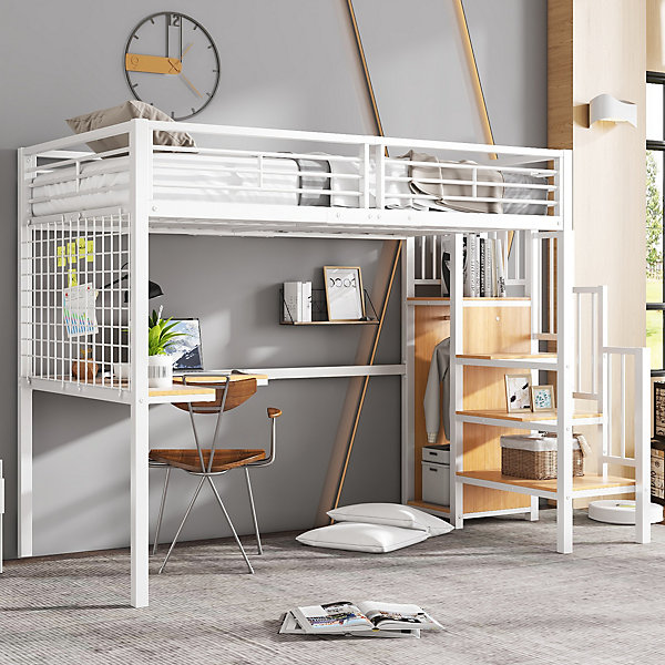 Lit mezzanine 90x200 cm enfant métal avec bureau et armoire intégrée, échelle sécurisée, blanc et naturel sans matelas