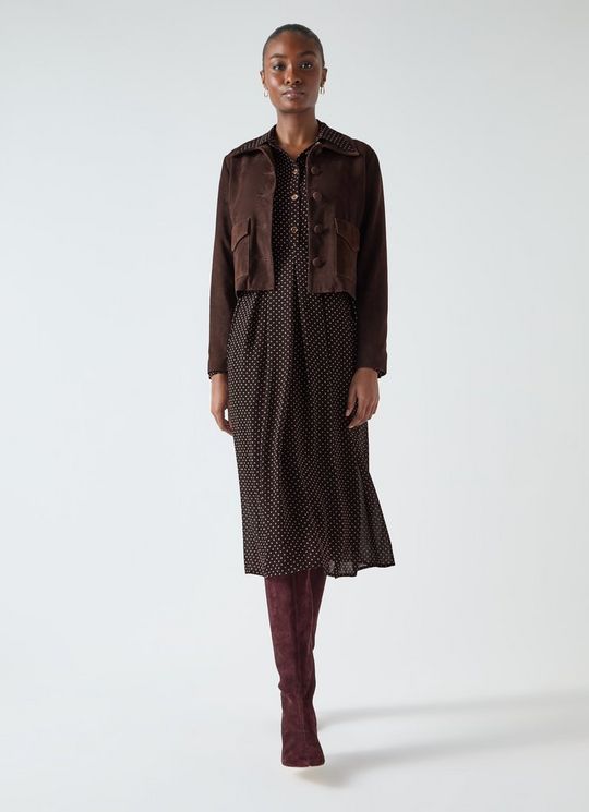 Cody Brown Polka Dot Print Pocket Shirt Dress