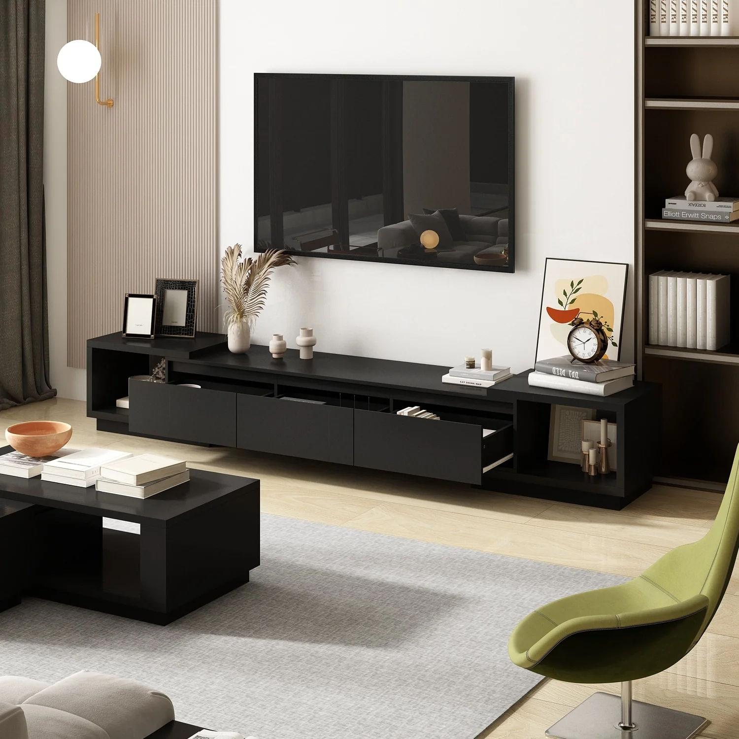 Modern Style Extendable TV Stand with 3Drawer White/Black 65.4-106.3
