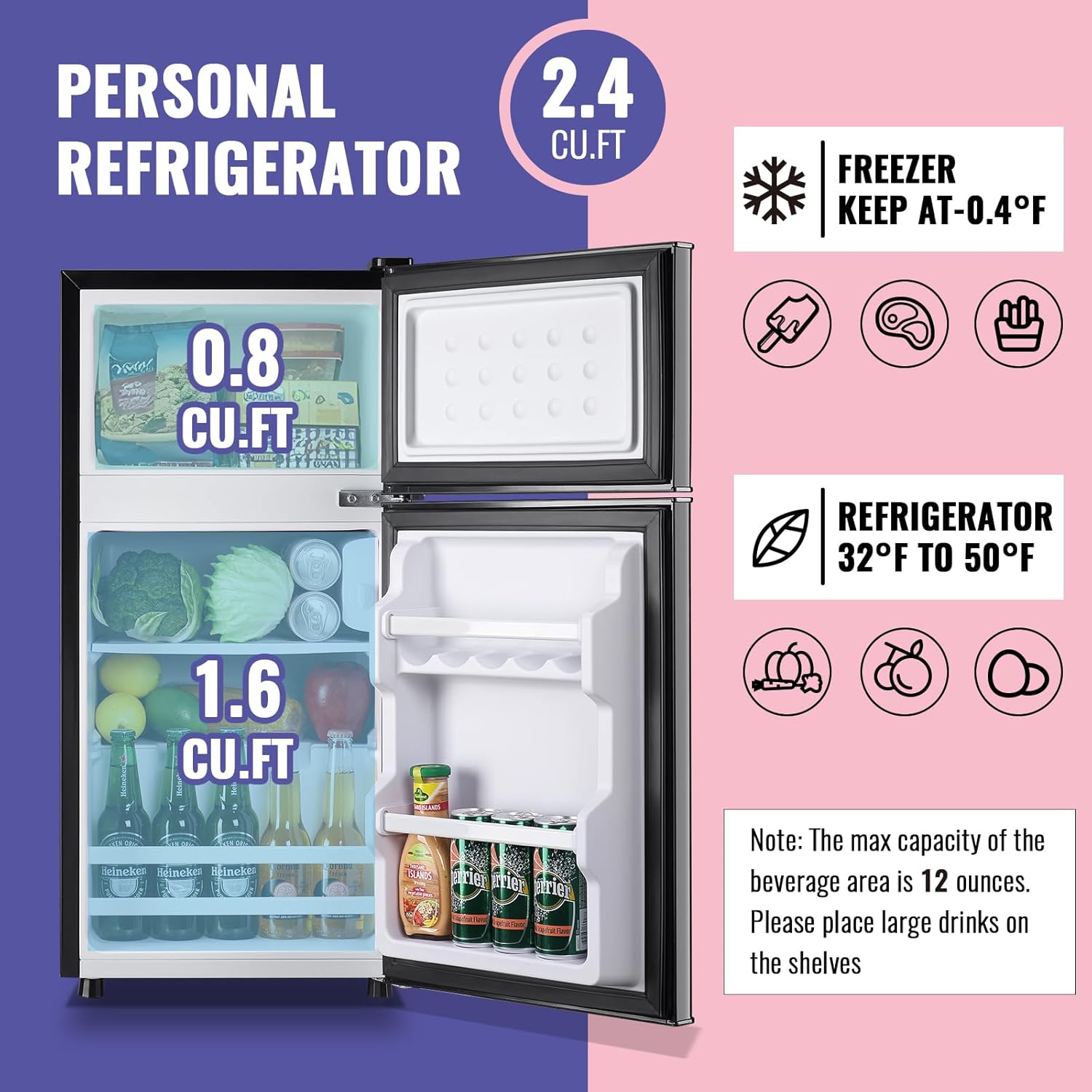 DEMULLER 2.4 Cu.Ft Small Refrigerator with Freezer Mini Fridge Removable Plastic Shelves Ideal for Apartment,Dormitory Black