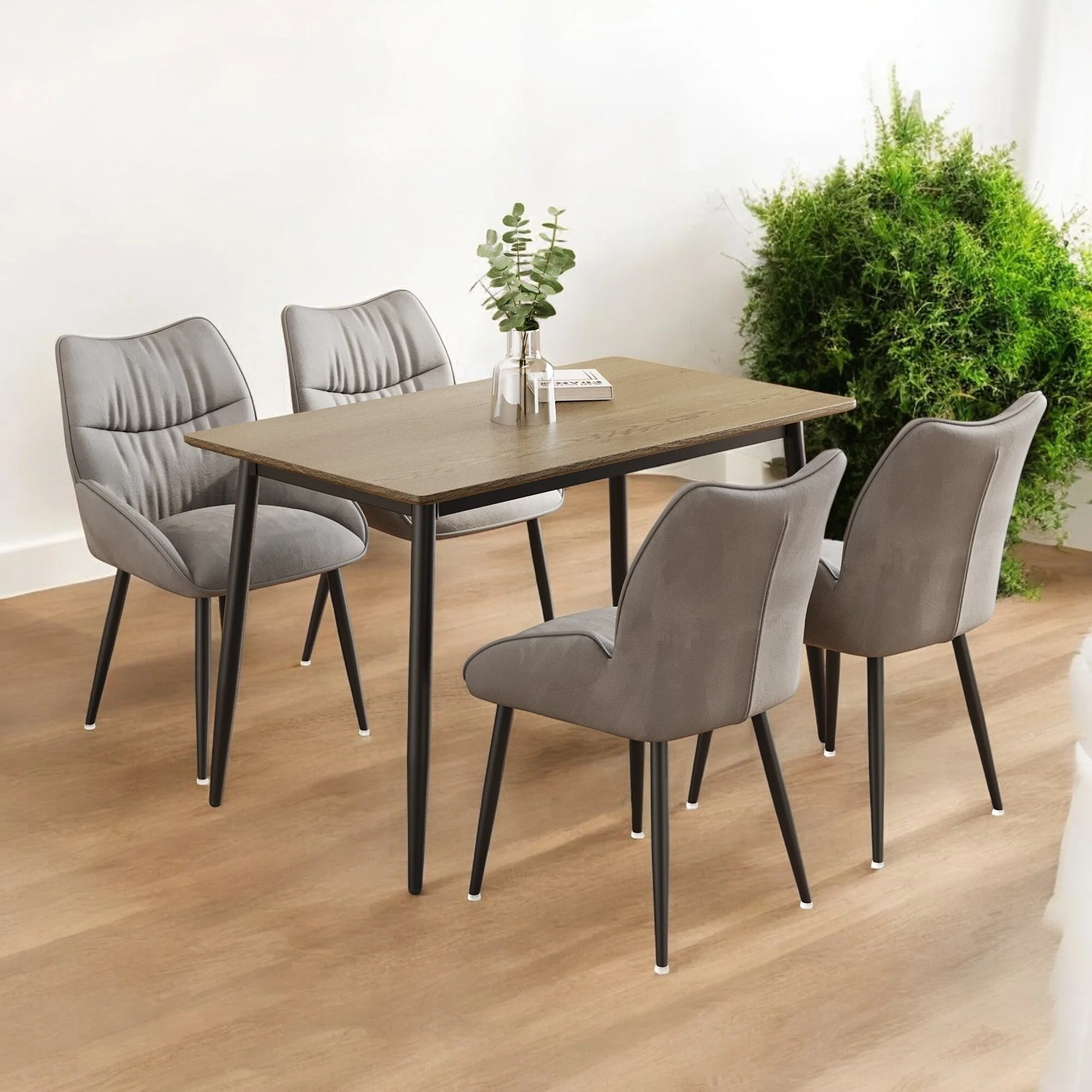 Modern 5-Piece Dining Set, Minimalist Wood Grain Table with Metal Legs, 4 Velvet Chairs, Easy to Assemble for Dining Room