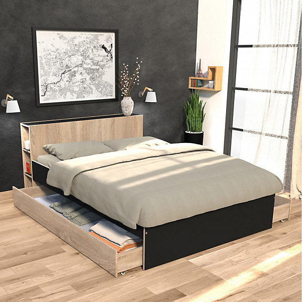 Lit 2 places 140x190cm Noir et chêne ROGO inclus sommier et tete de lit avec étageres et 2 tiroirs