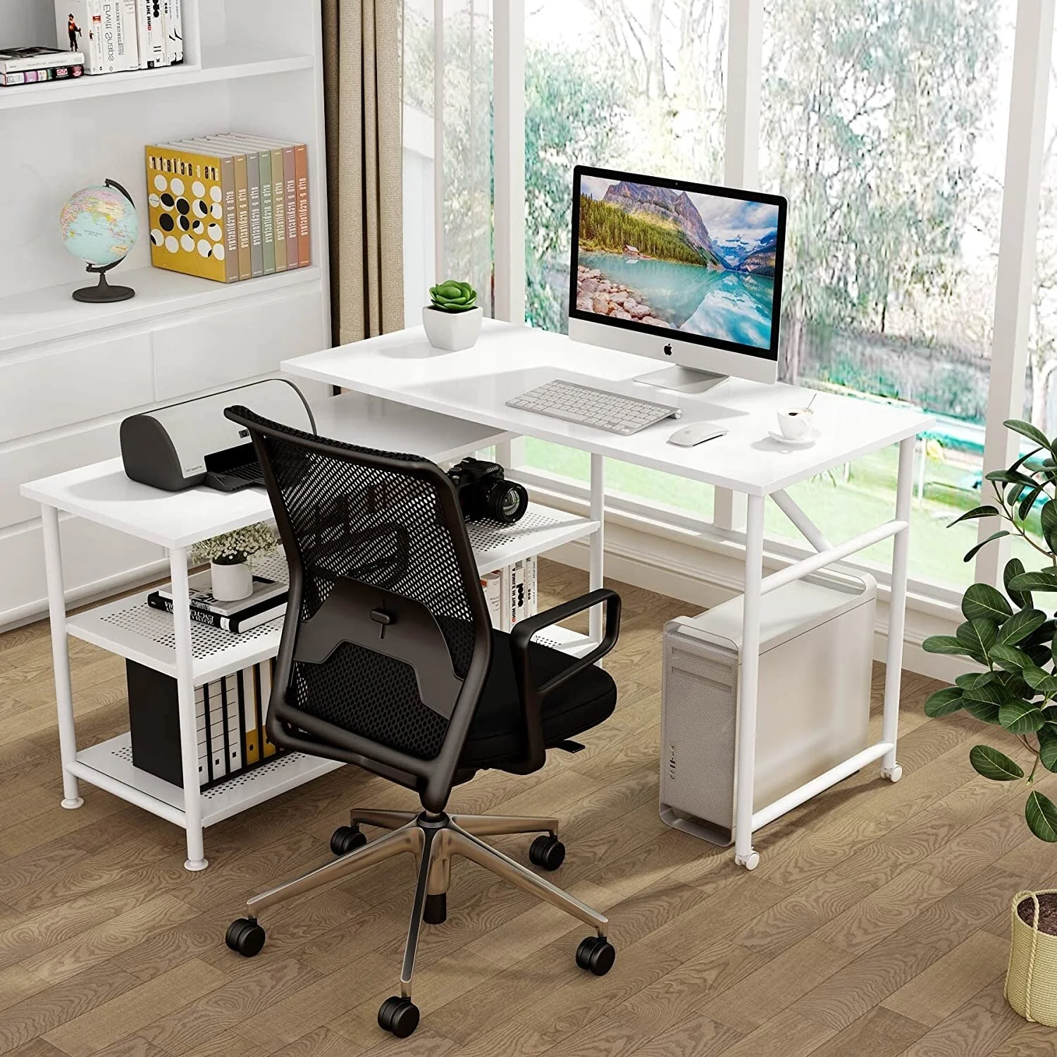 47-inch Rotating L-shaped Desk with Open Storage Shelves, Corner Computer Desk Writing Table for Home Office
