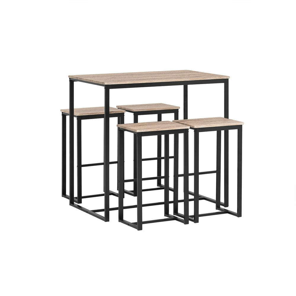 - Set de 1 table et 4 tabourets de bar effet bois et métal noir