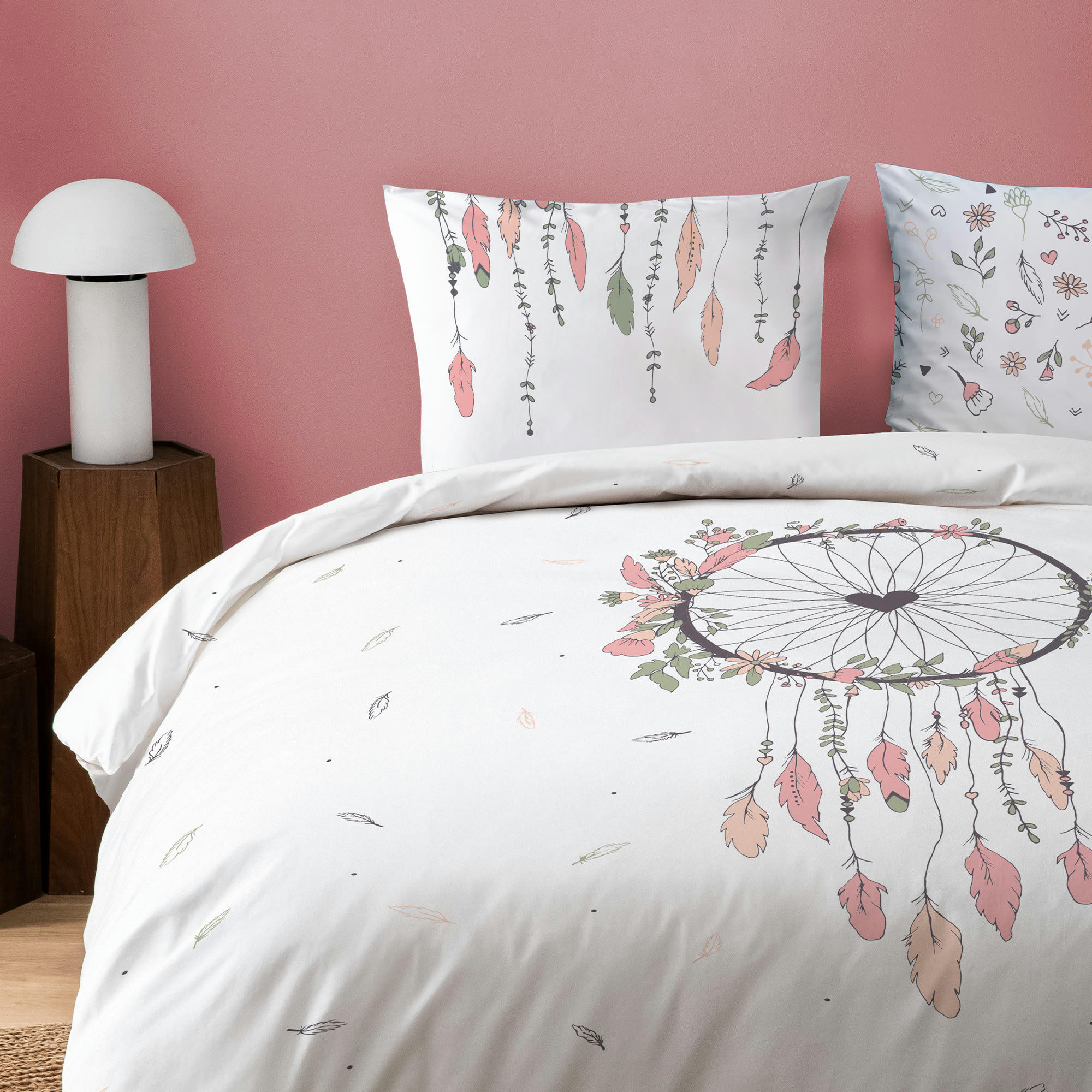 ATTRAPE CŒUR - Parure de lit imprimée en coton Blanc 140x200+65x65cm