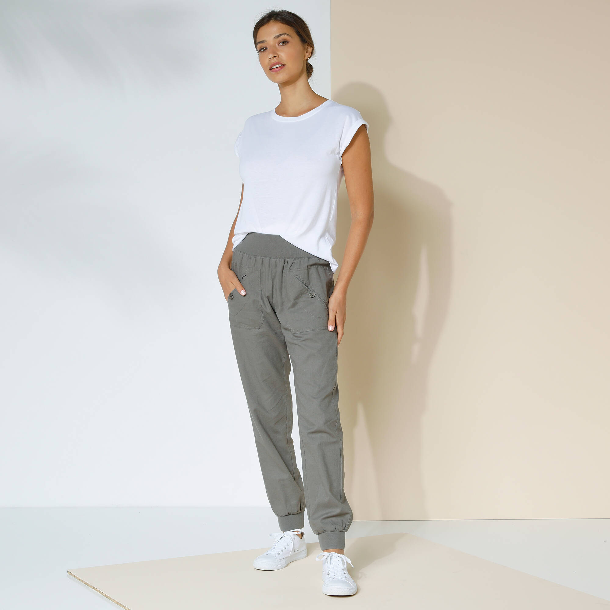 Pantalon blousant taille élastiquée, lin coton
