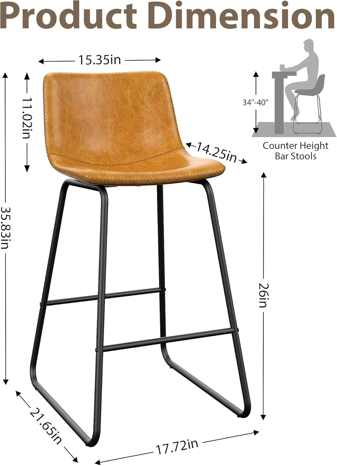 Bar Stools Set of 4, 26 Inches Counter Height Bar Stools with Back, Modern Faux Leather Barstools with Metal Legs and Footrest, Bar Chairs for Kitchens Island (Whiskey Brown)
