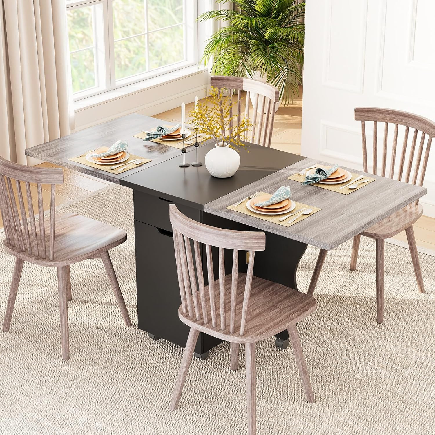 Giantex 3-in-1 Folding Dining Table for 4-6, 69-Inches Drop Leaf Kitchen Table with 2 Drawers and 2 Cabinets, Lockable Wheels, Foldable Dinner Tables for Small Spaces, Dinette (Black+Oak)