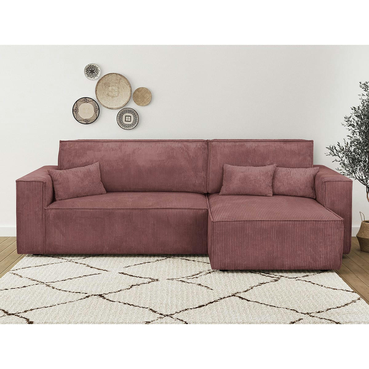 LIVIA NEW - Canapé d'angle convertible 4 places en velours côtelé vieux rose