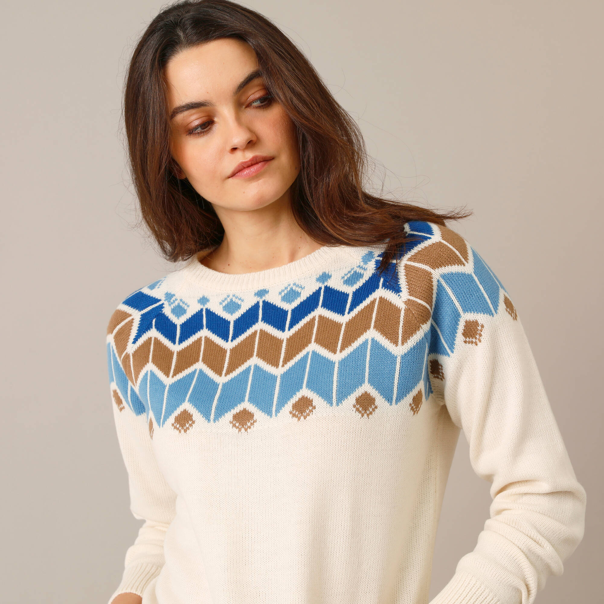 Pull col rond jacquard, toucher doux
