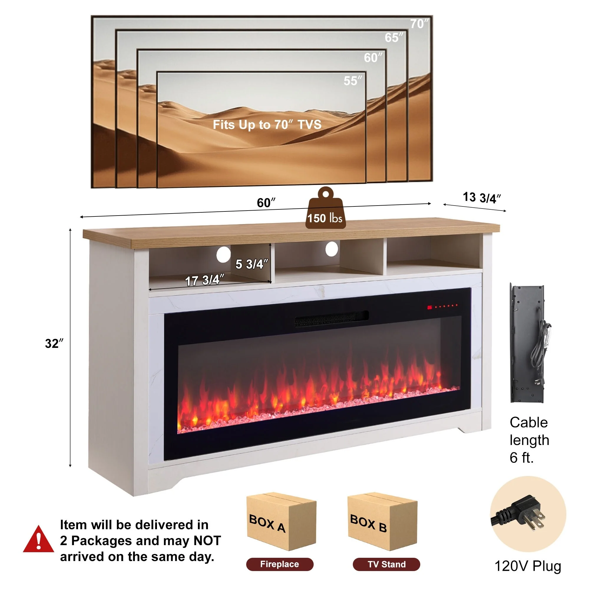 60 inch Fireplace TV Stand for TVs up to 70,with 50 smart Electric Fireplace,white