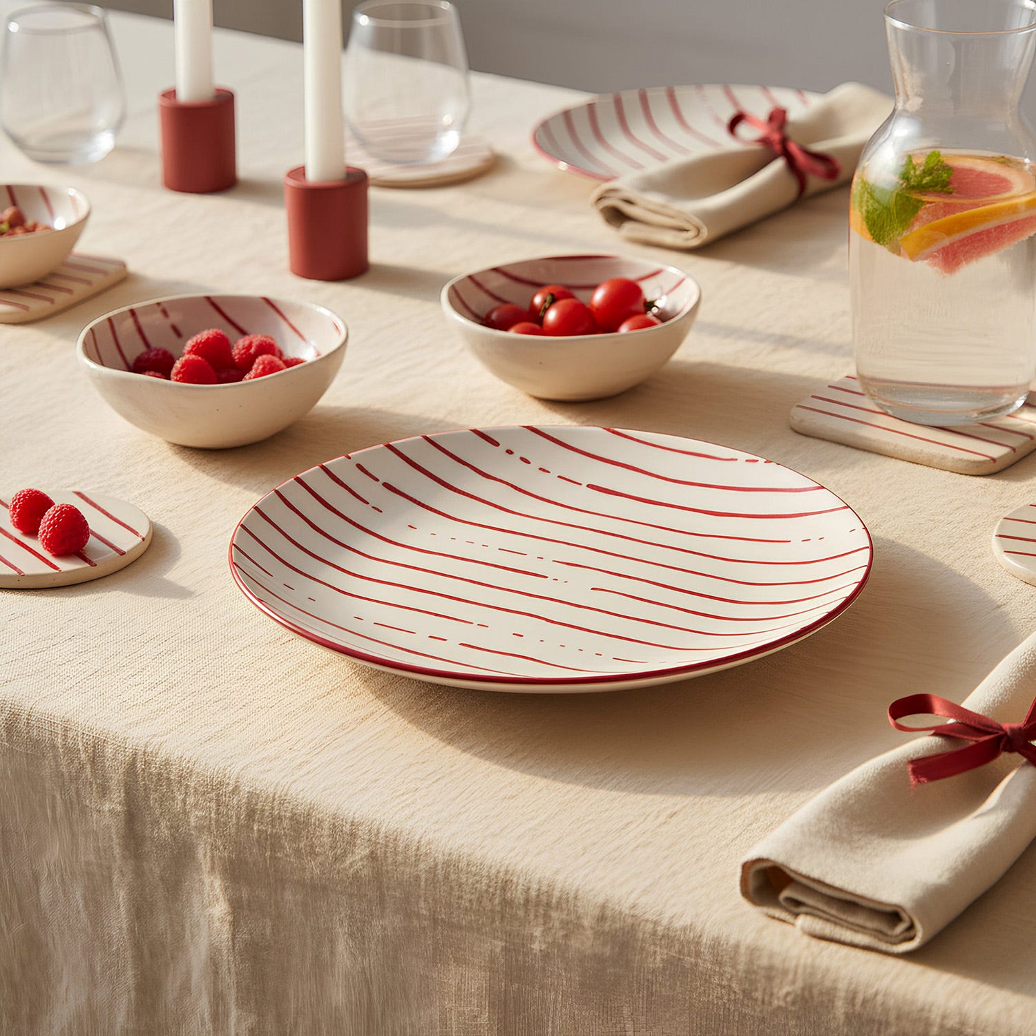 Piatto frutta bianco righe rosse porcellana Mix e Match