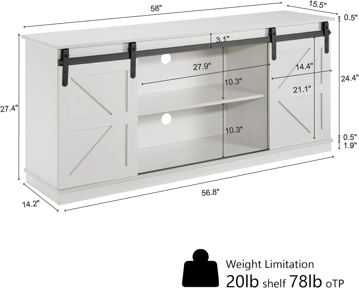 58 Farmhouse TV Stand and Entertainment Center for Televisions up to 65 Inchs,with Sliding Barn Doors and Storage Cabinets (White, Farmhouse TV Stand and Entertainment Center)