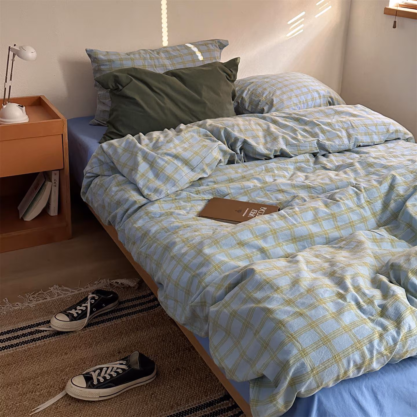 Green Plaid Bedding Set, Vintage Checkered Duvet Cover Set, Soft Cotton Bed Set, Minimalist Cottage Bedding, Blue Green Plaid Sheets Set