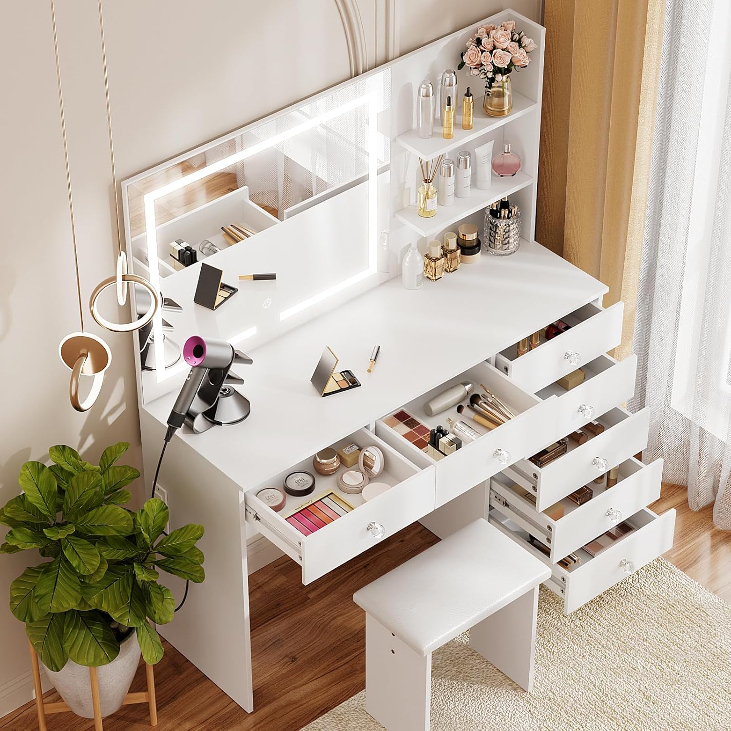 VOWNER Vanity with Lighted Mirror - 47 Makeup Vanity Desk with 7 Drawers, 3 Storage Shelves and Outlet, 3 Color Lighting Modes with Adjustable Brightness, Makeup Desk with Stool for Bedroom (White)