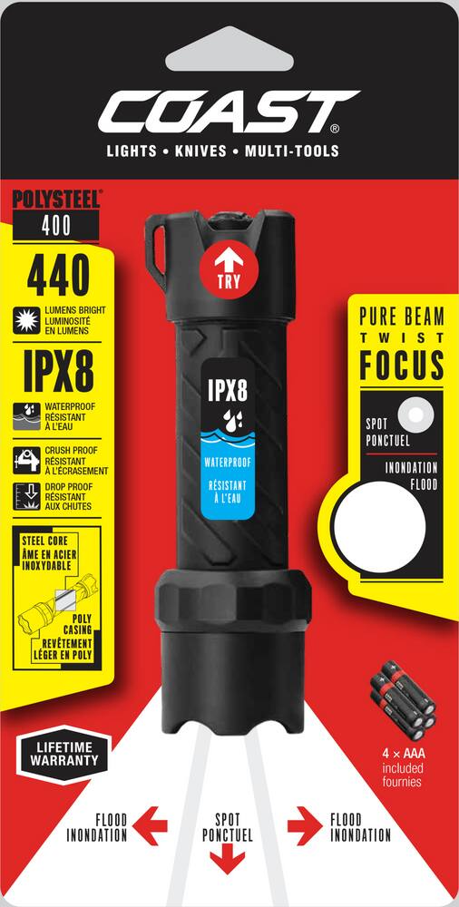 Coast PS400 375 Lumens Durable Stainless Steel LED Handheld Flashlight, Batteries Included, Black