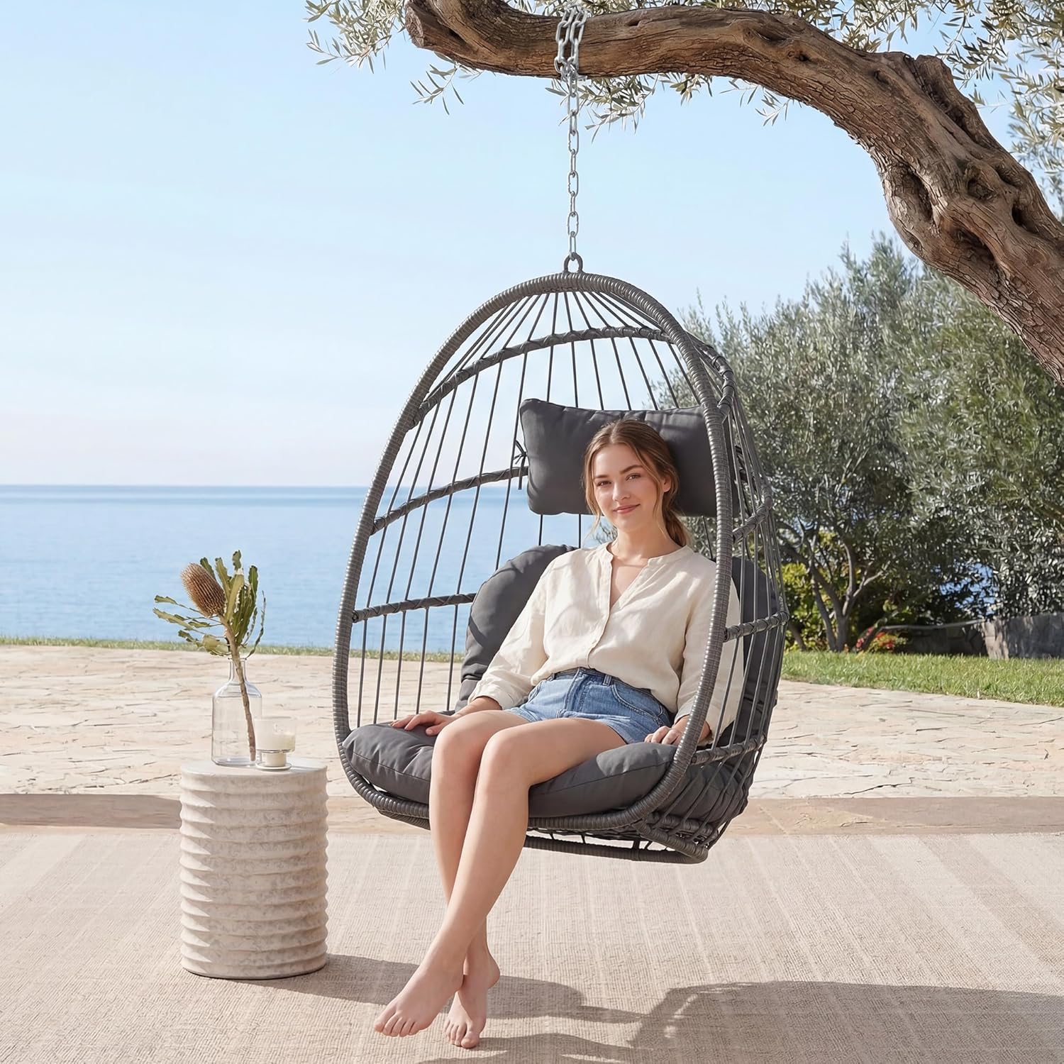 Yechen Hanging Egg Chair Outdoor Without Stand Indoor, Aluminum Foldable Swing Egg Chairs - Wicker Rattan Hammock Egg Porch Swing with UV Resistant Cushions for Bedroom Patio Balcony