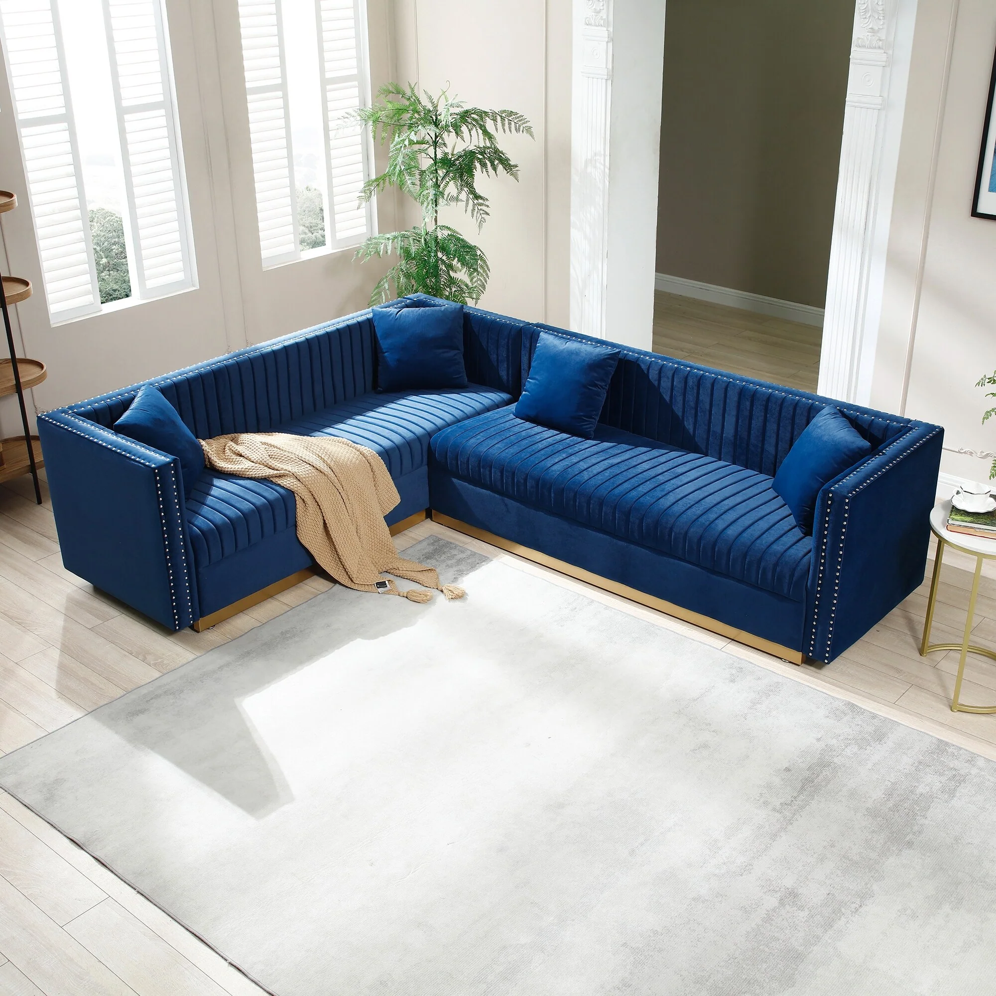 Blue 100.8'' Modern Velvet Corner 6-Seat Sectional Sofa with 4 Pillows and Vertical Channel Tufting, Perfect for Living Room