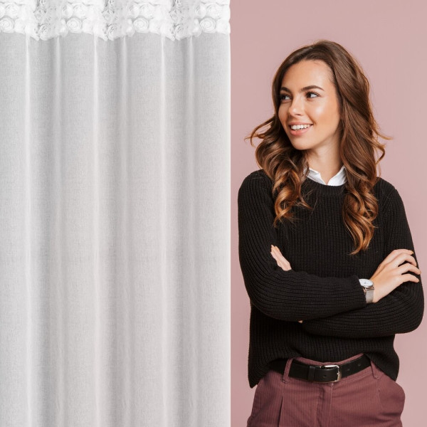 Firana ROSALIE 140x250 cm Biała Różyczki Przelotki do salonu