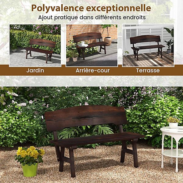 Banc de Jardin 2 Places Charge 325KG 120x51x78CM Sièges Spacieux Dossier Incliné Ergononique Barre Transversale Marron