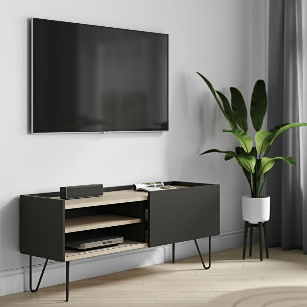 NINA - Meuble TV  placage chêne clair et noir