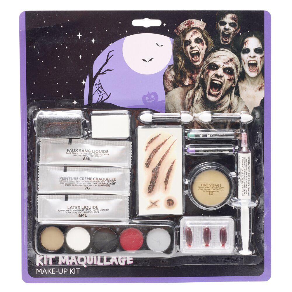 Palette maquillage Halloween kit avec faux sang 5 couleurs et accessoires