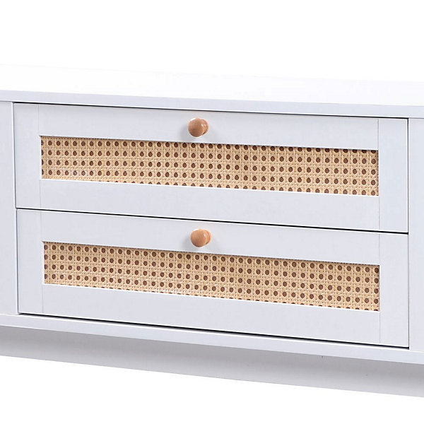 Meuble TV en bois naturel avec panneaux latéraux en osier, style rustique Blackcolors
