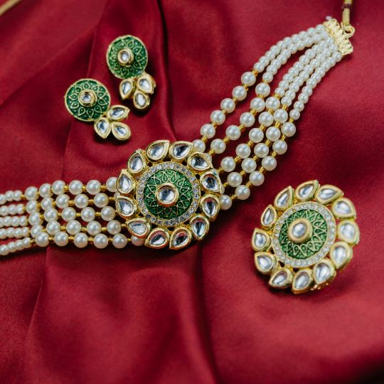 The Colourful Aura Three Layer White Pearl Green Stone Kundan Indian Asian Diana Bridal Choker Set
