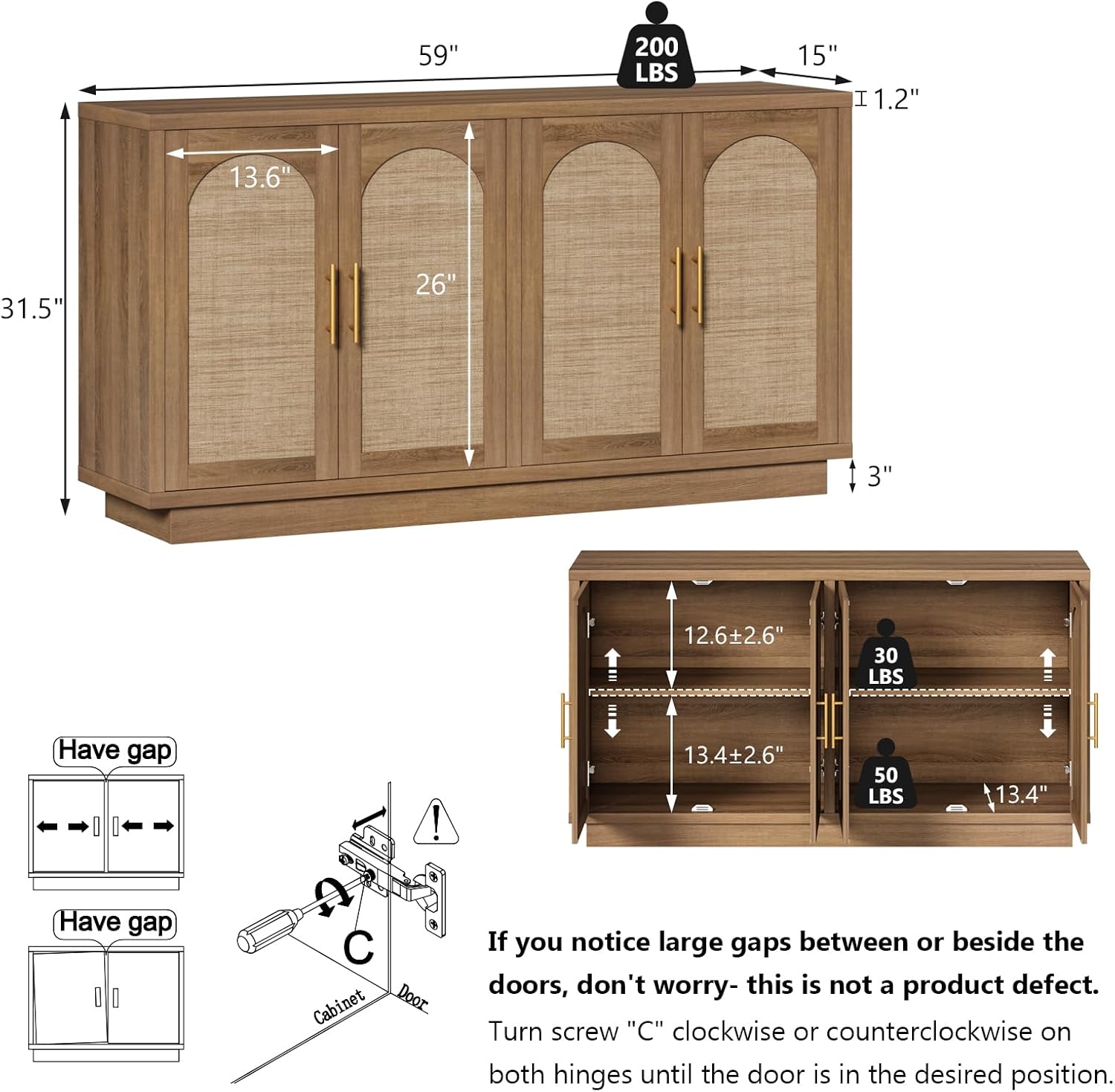 59-Inch Rattan Sideboard Buffet Cabinet, Farmhouse Storage Cabinets with Adjustable Shelves & 4 Arched Doors, Boho Credenza Coffee Bar Cabinet for Kitchen, Living Room, Entryway